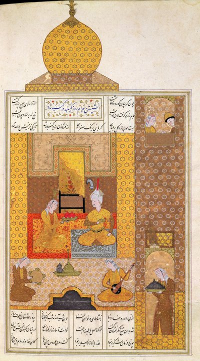 Ms D-212 fol.205b Bahram bezoekt de prinses van Turkestan, illustratie bij De zeven prinsessen, 1199, door Elias Nezami, ca. 1550 door Persian School